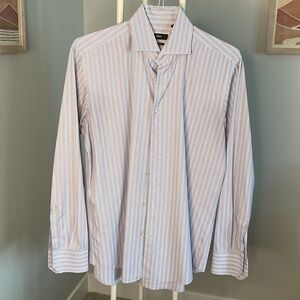 Hugo Boss White and Pink Striped Dress Shirt
